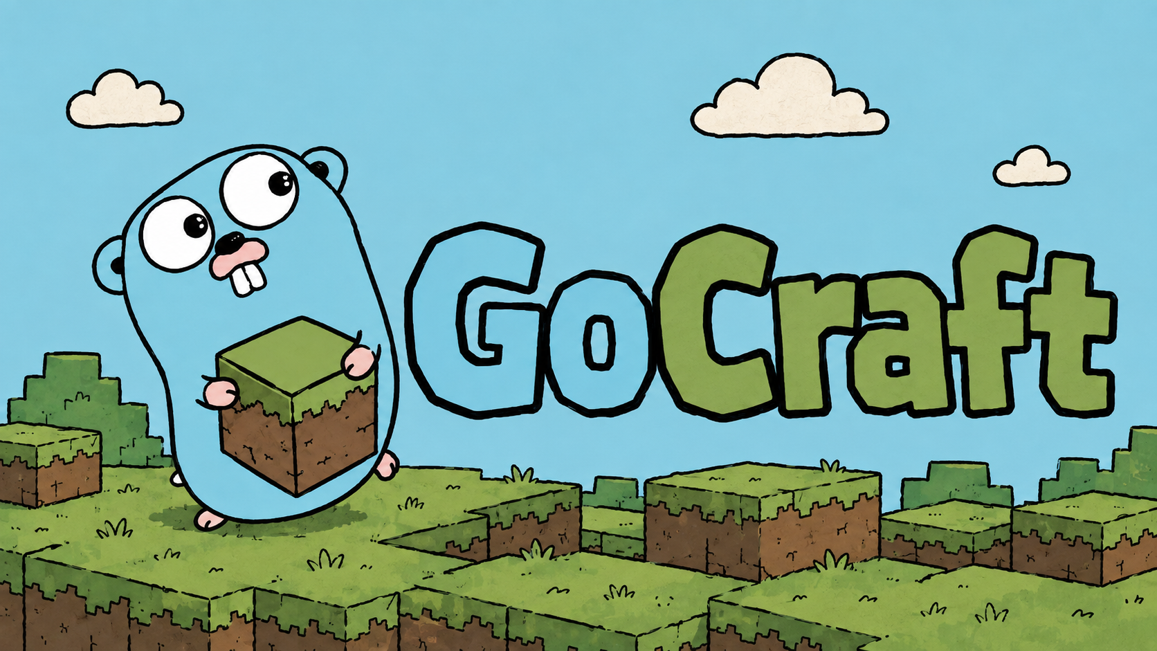 The GoCraft gopher holding a grass block in a hand-drawn block world